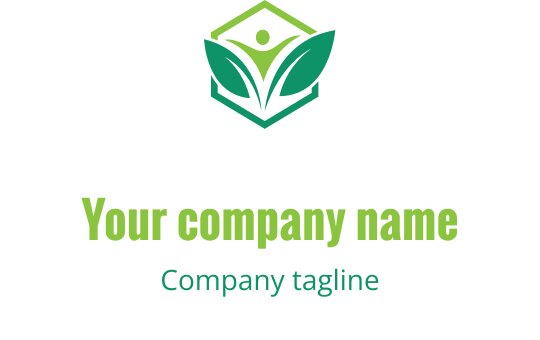 Modern logotypdesign med en grön hexagon, blad och en mänsklig figur
