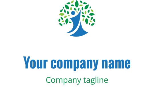 Modern logotypdesign med ett stiliserat träd och en blå figur