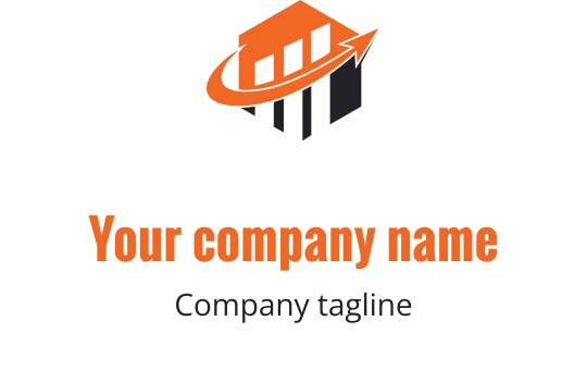 Modern logotypdesign med en orange byggnad och en uppåtriktad pil