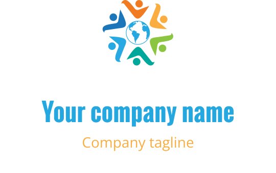 Färgglad logotypdesign med sammanlänkade figurer runt en glob