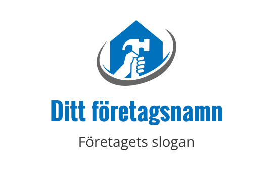 Modern logotypdesign med en hand som håller en hammare inuti en blå husform