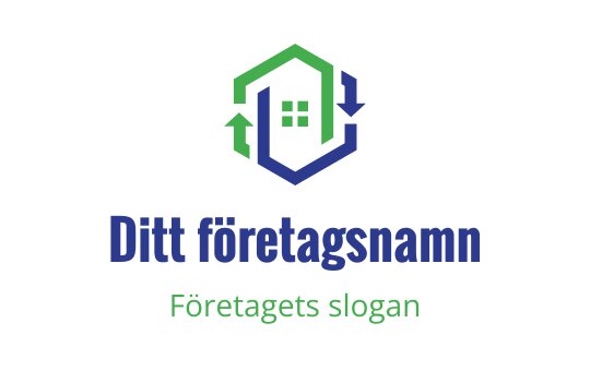 Modern logotypdesign med ett hus och gröna och blå pilar