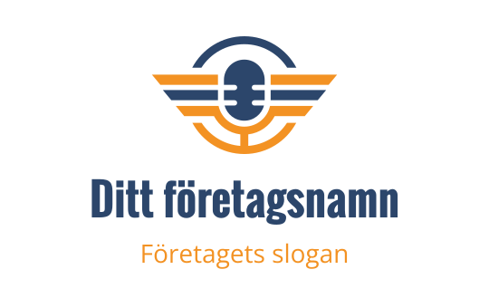 Modern logotypdesign med en mikrofon och vingelement i blått och orange