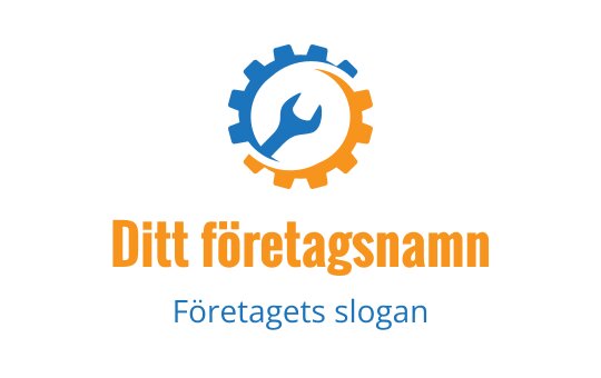 Modern logotypdesign med en kugghjul och skiftnyckel i blått och orange