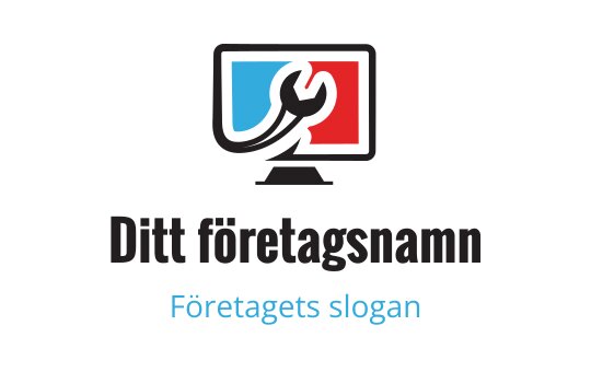 Modern logotypdesign med en datorskärm och en skiftnyckel i blått och rött