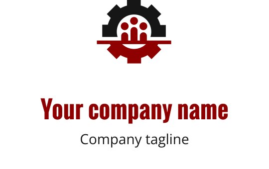 Modern logotypdesign med ett kugghjul och tre figurer i röd och svart