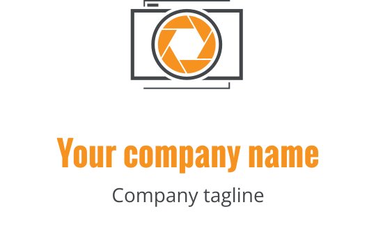 Modern logotypdesign med en grå kameralinse och orange detaljer