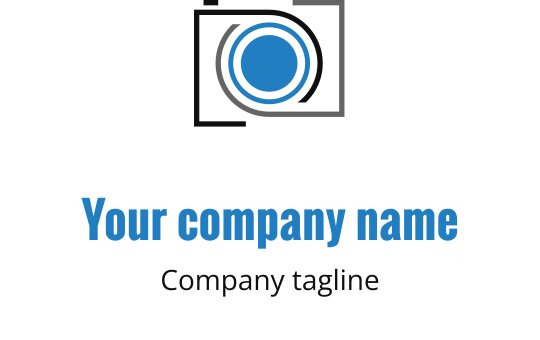 Modern logotypdesign med en blå och grå kameralinse med en elegant svart kontur