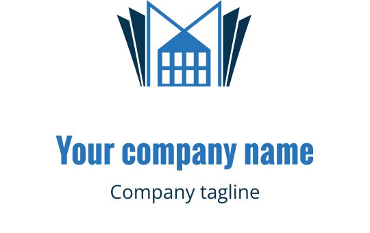 Modern blå logotypdesign med en stiliserad byggnad och vinklade detaljer