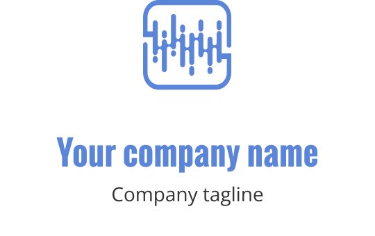 Modern logotypdesign med en stiliserad ljudvåg i blått