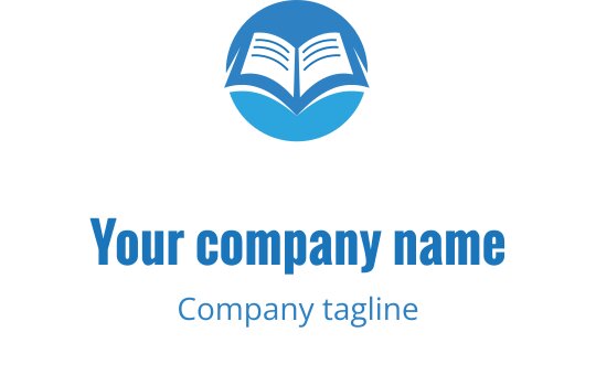 Modern blå logotypdesign med en öppen bok och cirkulär bakgrund