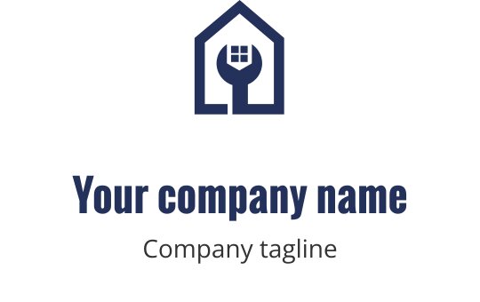 Fet marinblå logotypdesign med ett stiliserat hus och verktyg
