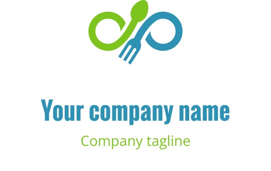 Modern logotypdesign med en gaffel och sked i grönt och blått