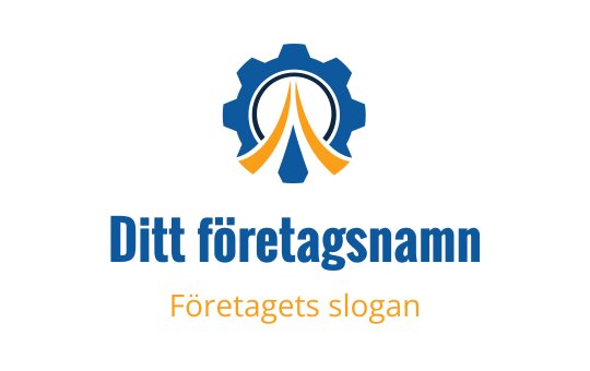 Modern logotypdesign med en kugghjul och stiliserad väg i blått och orange