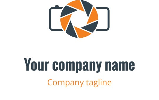 Minimalistisk logotypdesign med en grön och orange kamerakontur