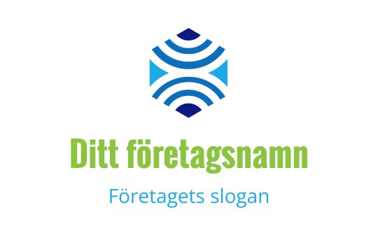 Modern hexagonal logotyp med blå vågor och grön text