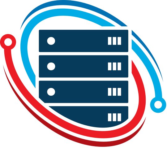 Modern logotypdesign med en serverstack i röd och blå accent