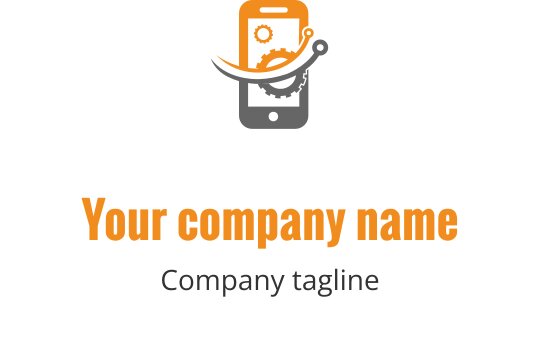 Modern logotypdesign med en smartphone, kugghjul och en svepande element
