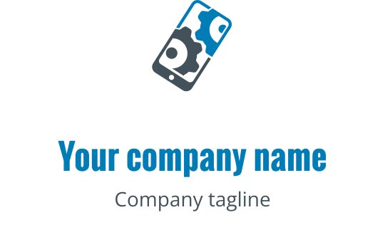 Teal och grön logotypdesign med en stiliserad mobil enhet och reparationsverktyg