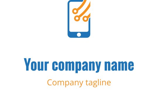 Modern logotypdesign med en smartphone och kretslinjer i blått och orange