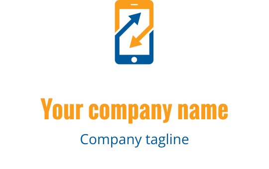 Modern logotypdesign med en smartphone och uppåtriktade pilar i blått och orange