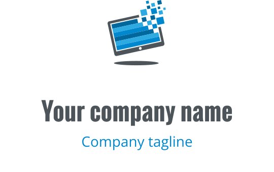 Modern blå och grå logotypdesign med en stiliserad datorskärm