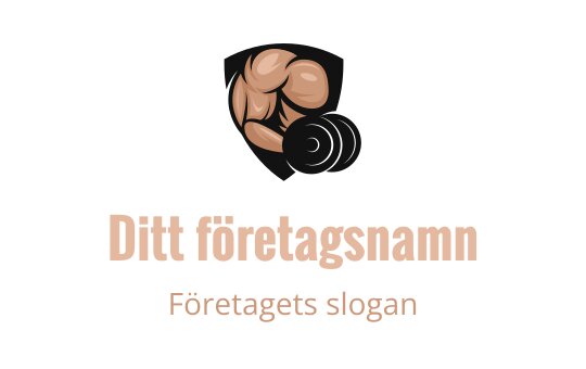 Tydlig logo design med en muskulös arm, hantlar och sköldbakgrund