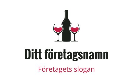 Elegant logotypdesign med vinflaska, två glas och röda accenter