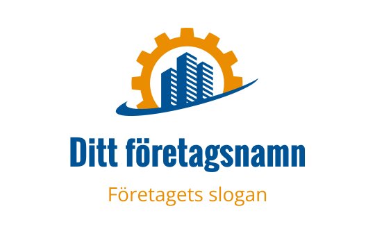 Modern logotypdesign med ett kugghjul och stadssilhuett i blått och orange