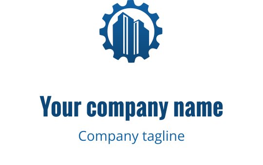 Modern logotypdesign med en kugghjul och byggsilhuett i blått