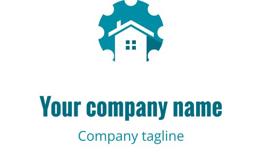 Modern logotypdesign med ett hus inuti en kugghjulsform