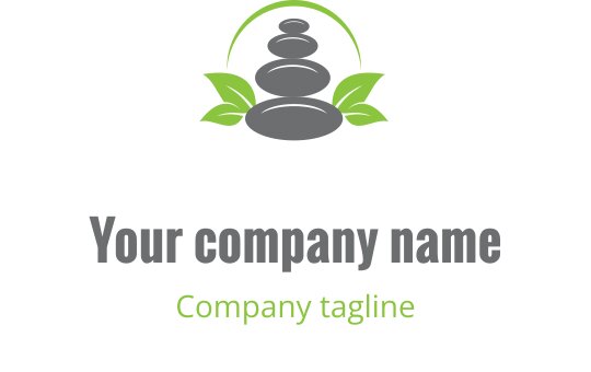Balanserad stens logo design med gröna blad och en böjd linje