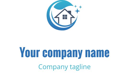 Modern logotypdesign med ett hus inom en cirkulär blå våg