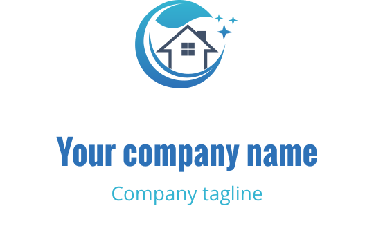 Modern logotypdesign med ett hus inom en cirkulär blå våg