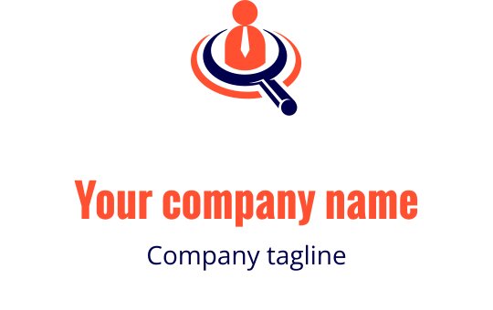 Professionell logotypdesign med ett förstoringsglas och en figur i kostym