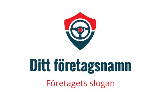 Modern sköldlogo med en ratt i blått och rött