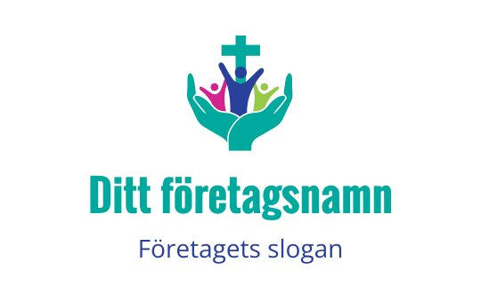 Färgglad logotypdesign med händer som stöder olika figurer och ett kors