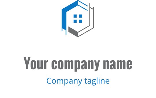 Modern hexagonal logotyp med huskontur och blå accenter