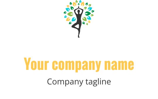 Modern logotypdesign med en figur omgiven av färgglada löv