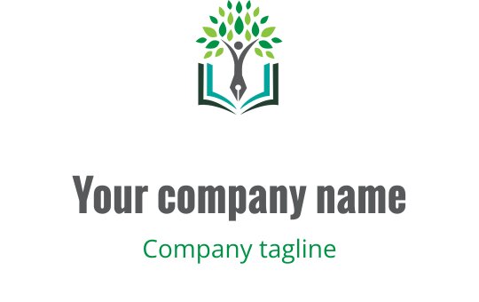 Modern logotypdesign med stiliserade figurer och en öppen bok i teal och grönt