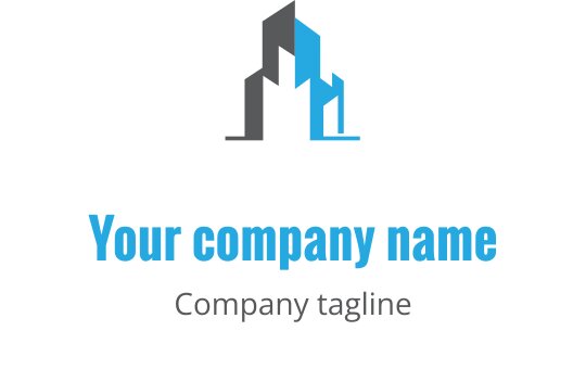 Minimalistisk grå och blå logotypdesign med en stiliserad byggnadsomriss