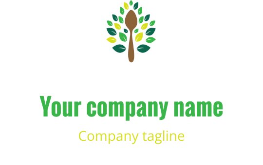 Vibrant logo med en stiliserad frukt- och grönsaksarrangemang i brunt och teal