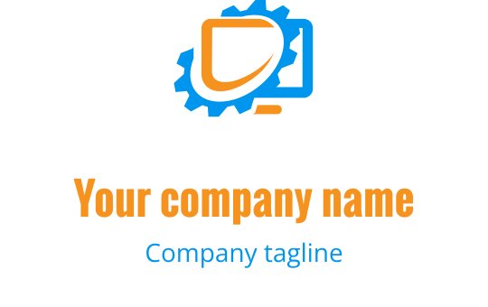 Modern blå och orange logotypdesign med en stiliserad dator och verktyg